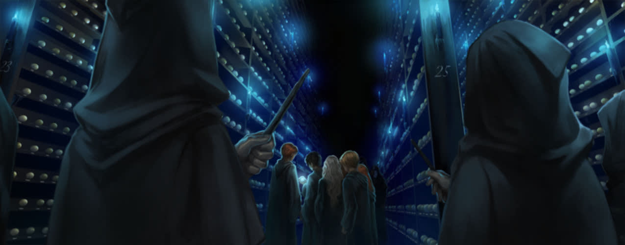 The Death Eaters attack Dumbledore's Army in the Hall of Prophecy.